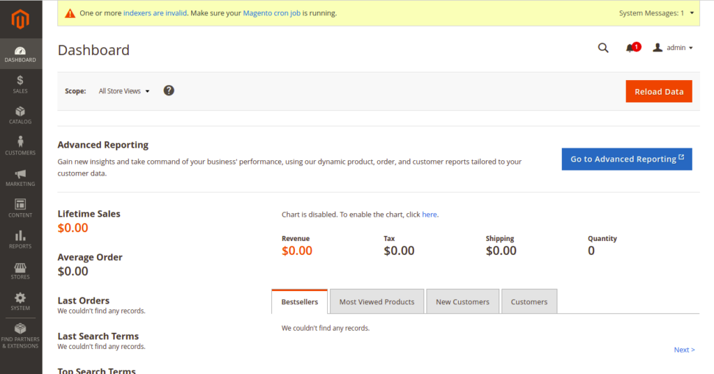 Magento Dashboard Page