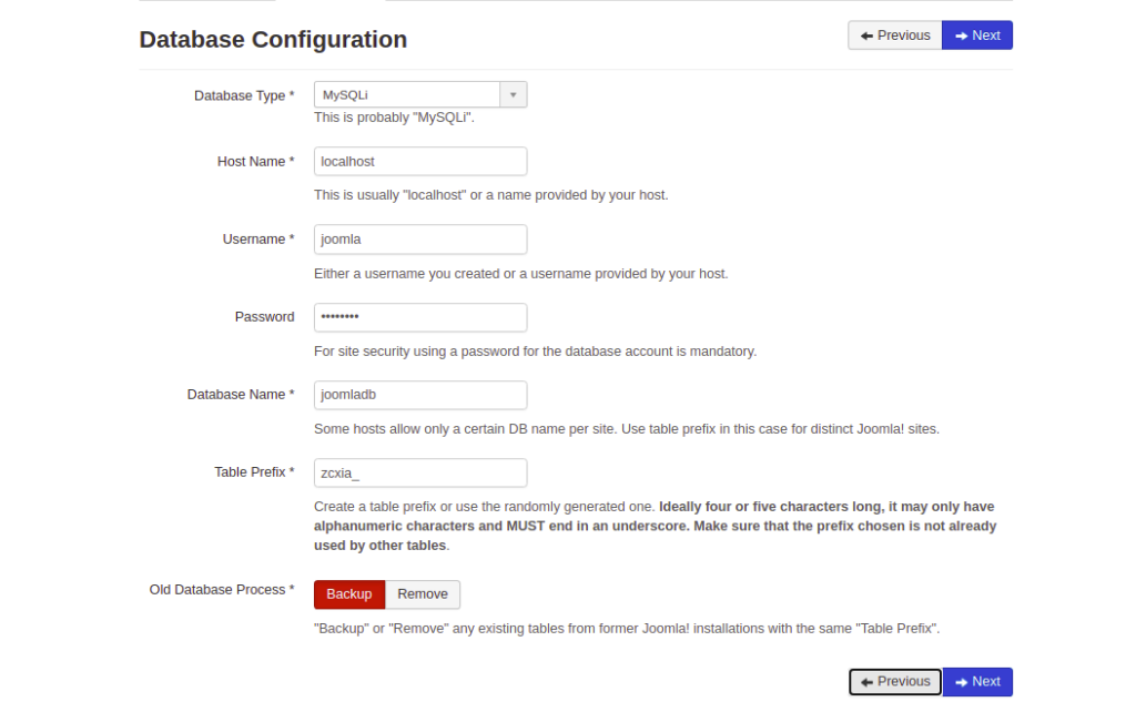 Joomla Database Configuration Page
