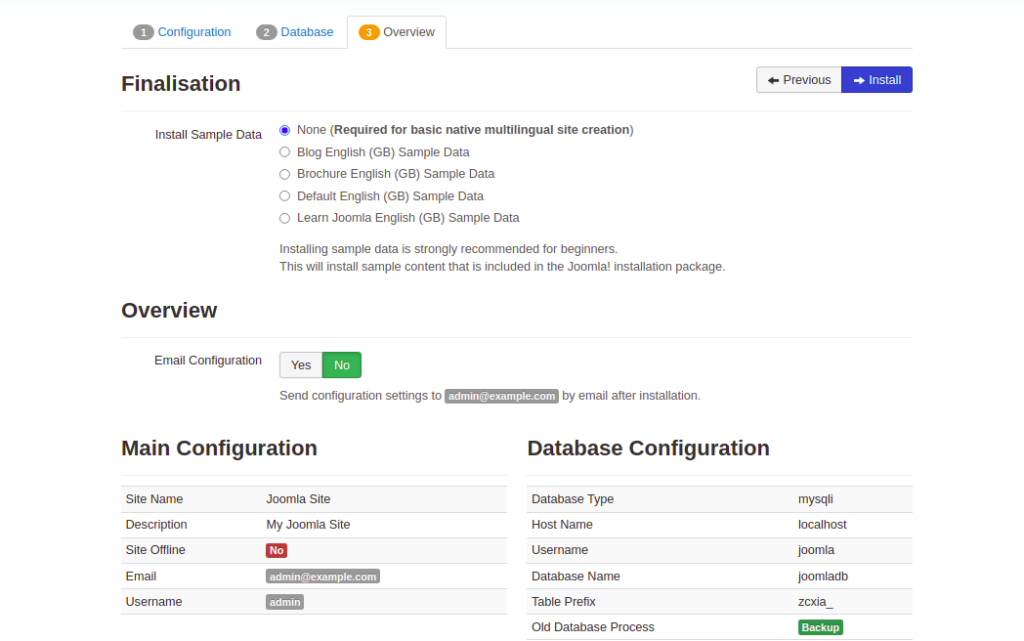 Joomla Review Configuration Page