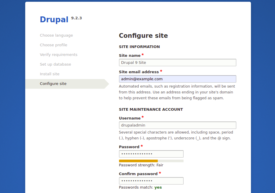 Drupal Site Configuration Page