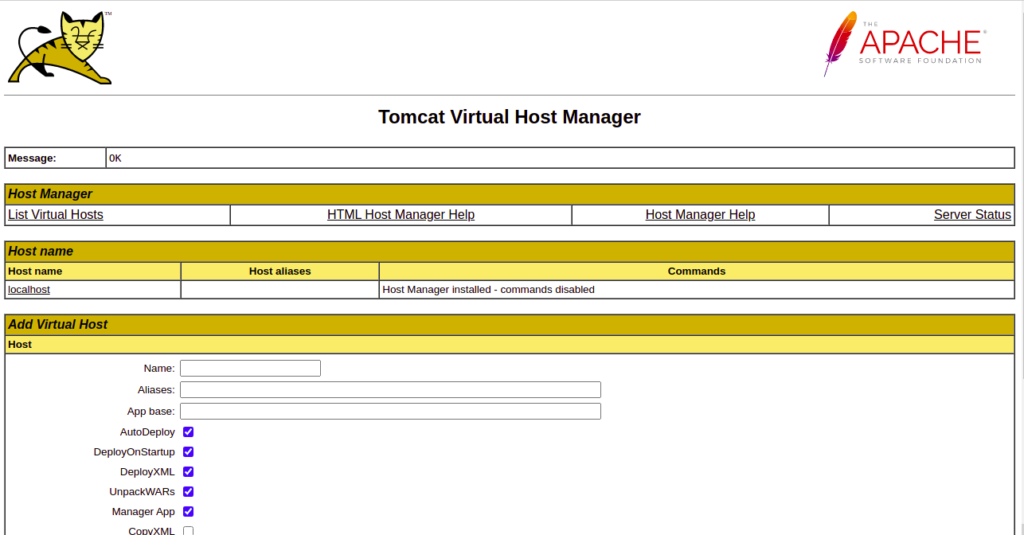 Tomcat Host Manager Page