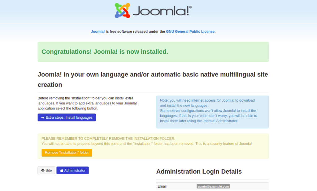 Joomla Installation finished