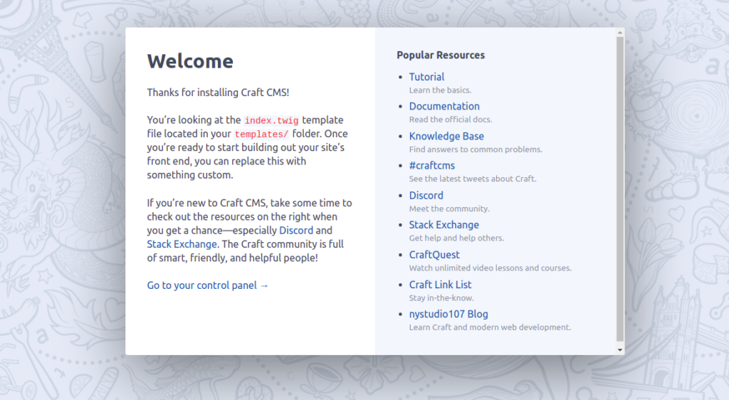 Craft Welcome page