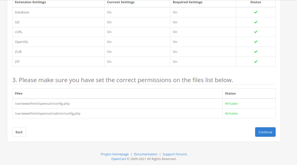 OpenCart Dependencies Check page