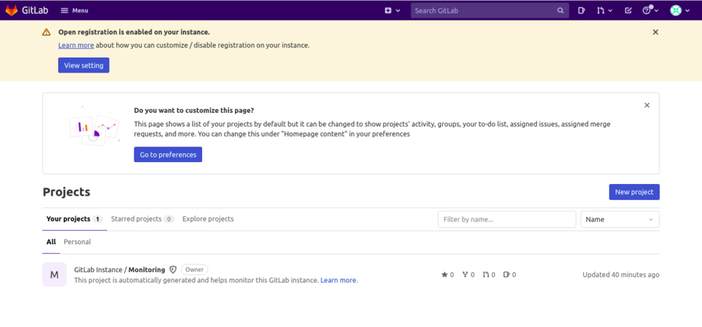 GitLab Dashboard page