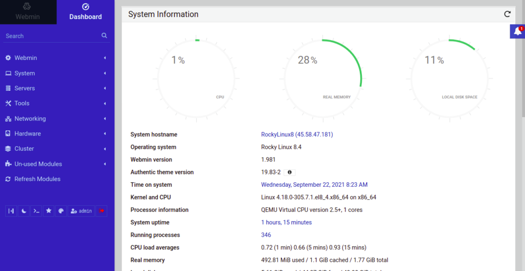 Webmin Dashboard page