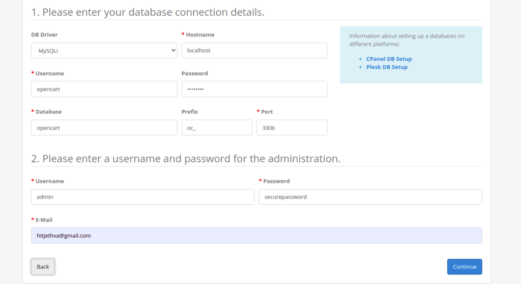 OpenCart Database Configuration page