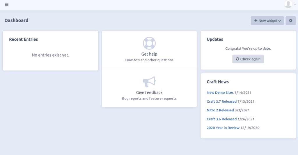 Craft dashboard page