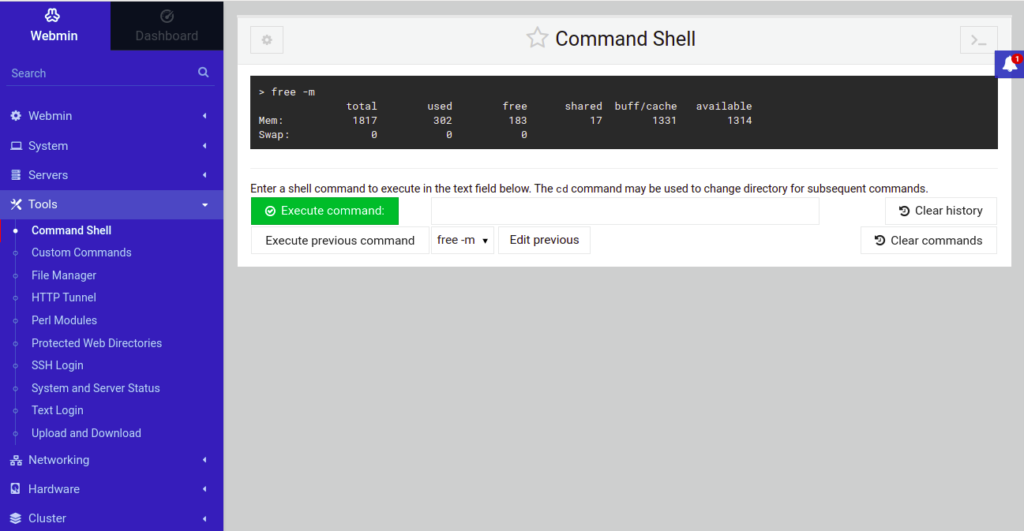 Webmin command shell page