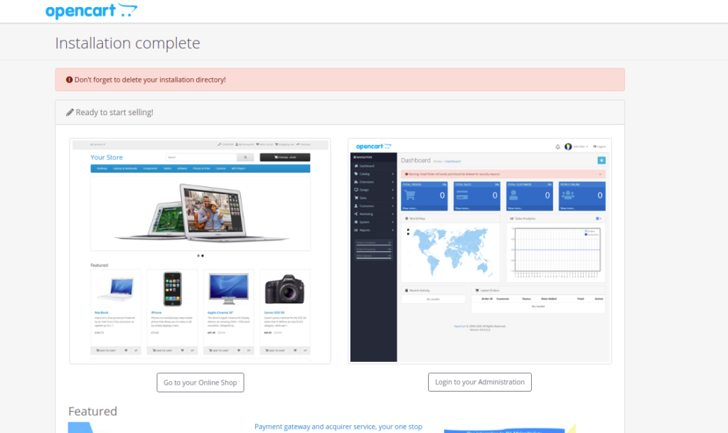 OpenCart Install finish page