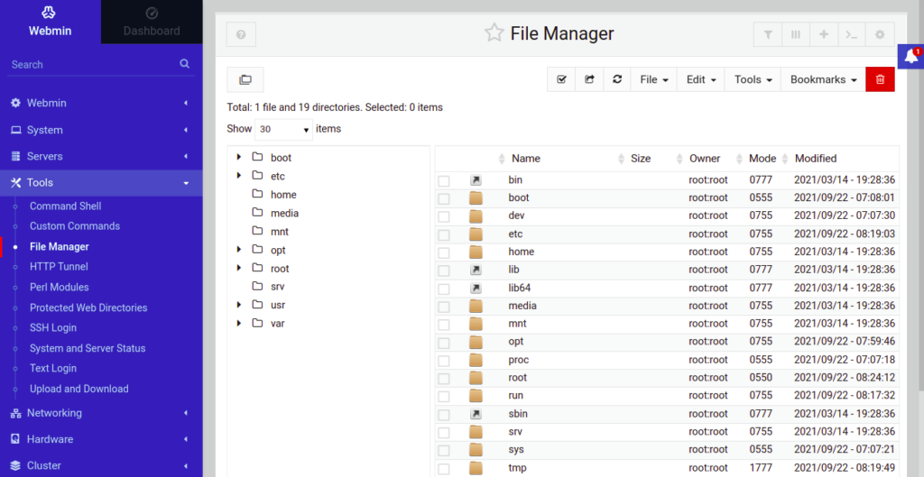 Webmin file manager page