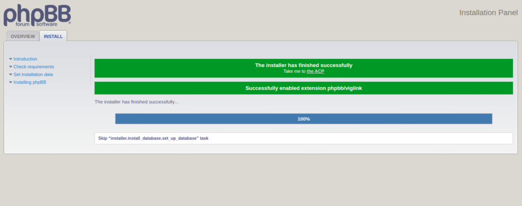 phpBB install success page