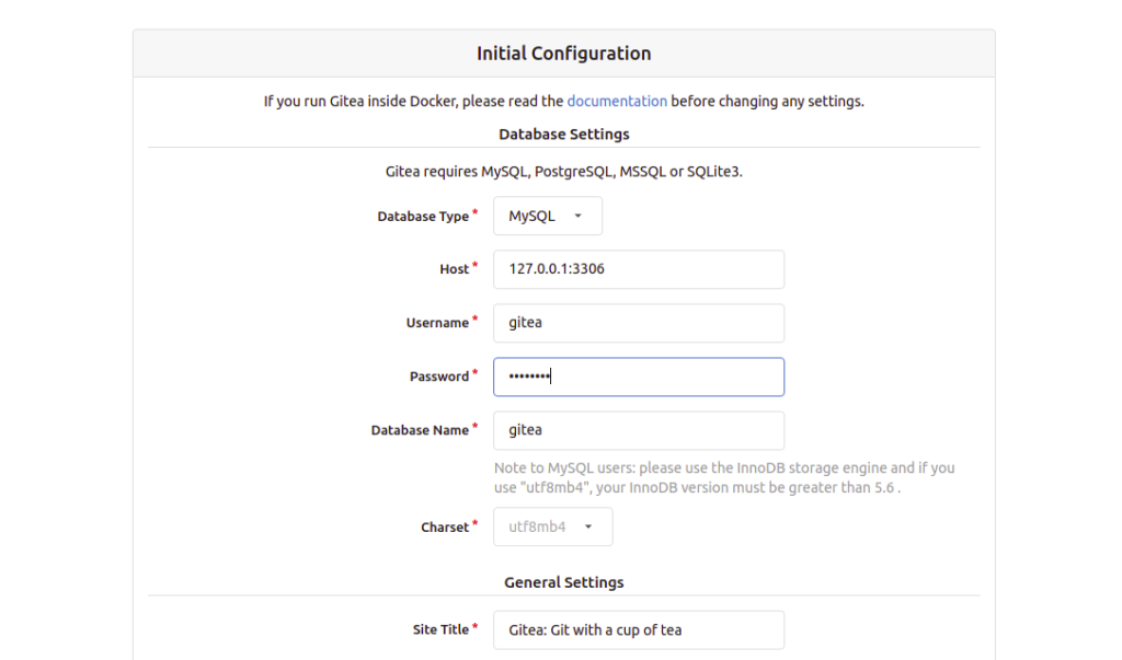 Gitea Database Settings