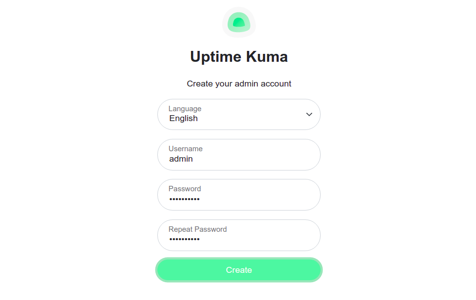 Kuma setting up admin password