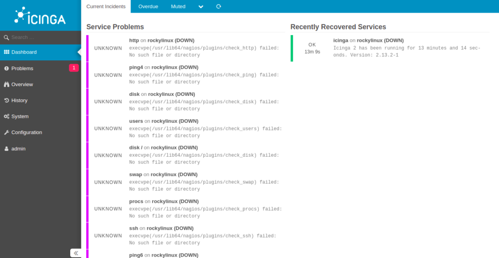 Icinga 2 dashboard page