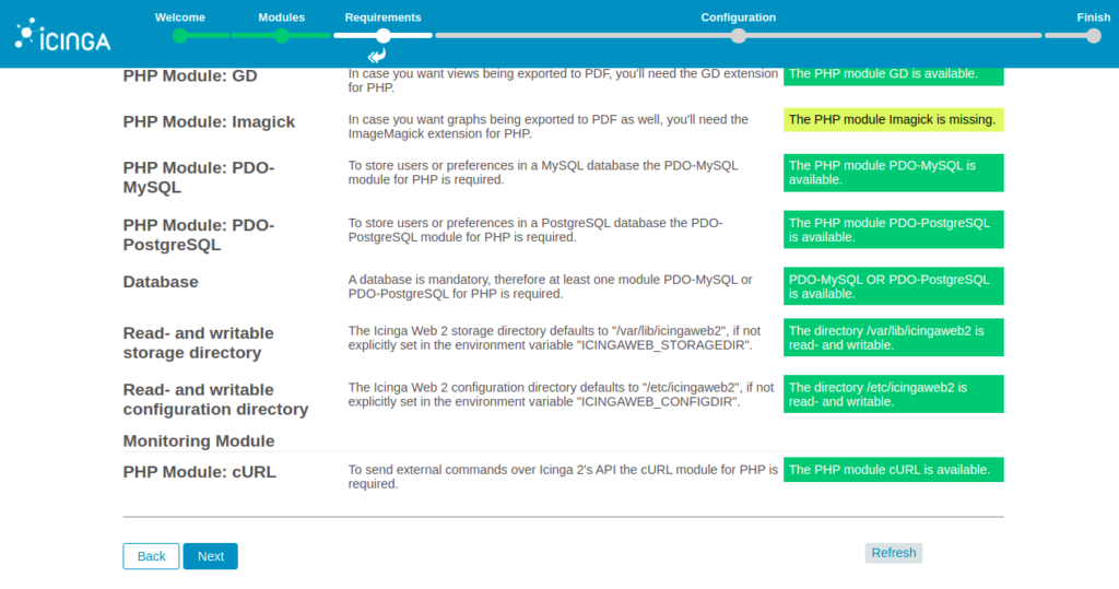 Icinga 2 verify PHP extensions page