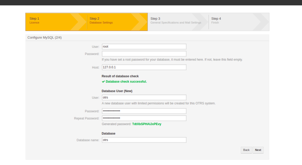 OTRS Database setup page