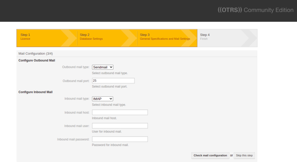 SMTP configuration page