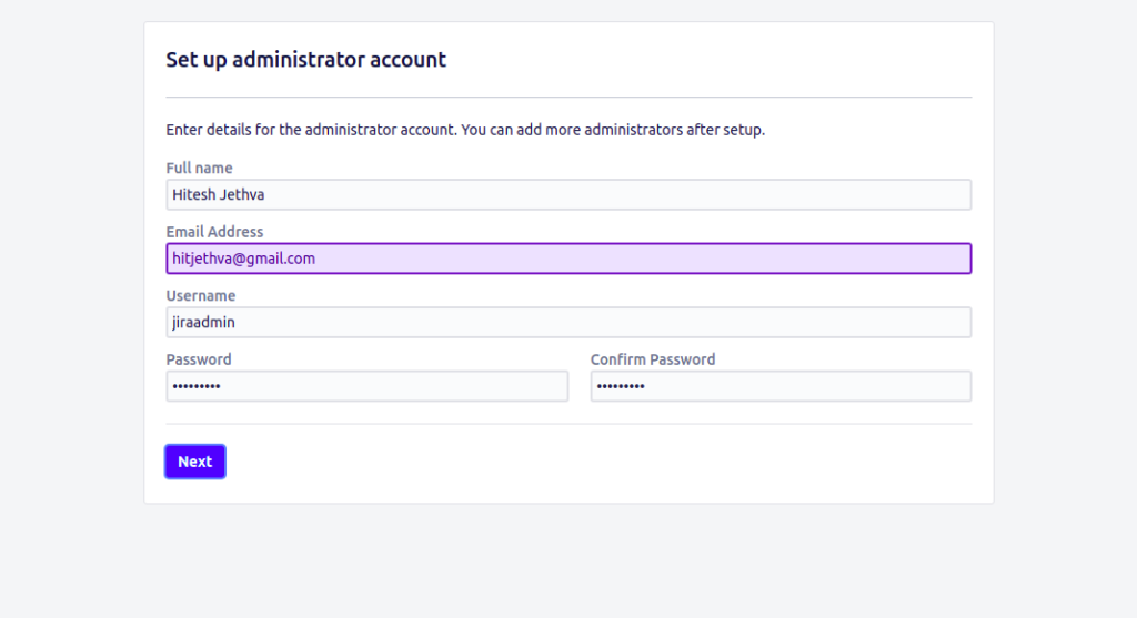 Jira account setup page