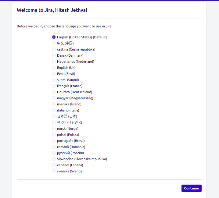 Jira language selection page