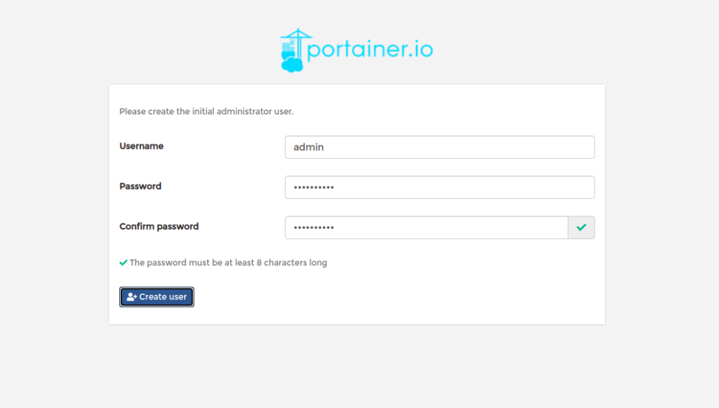 Portainer password set page