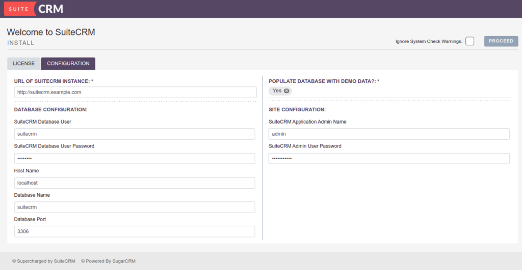 SuiteCRM database setup