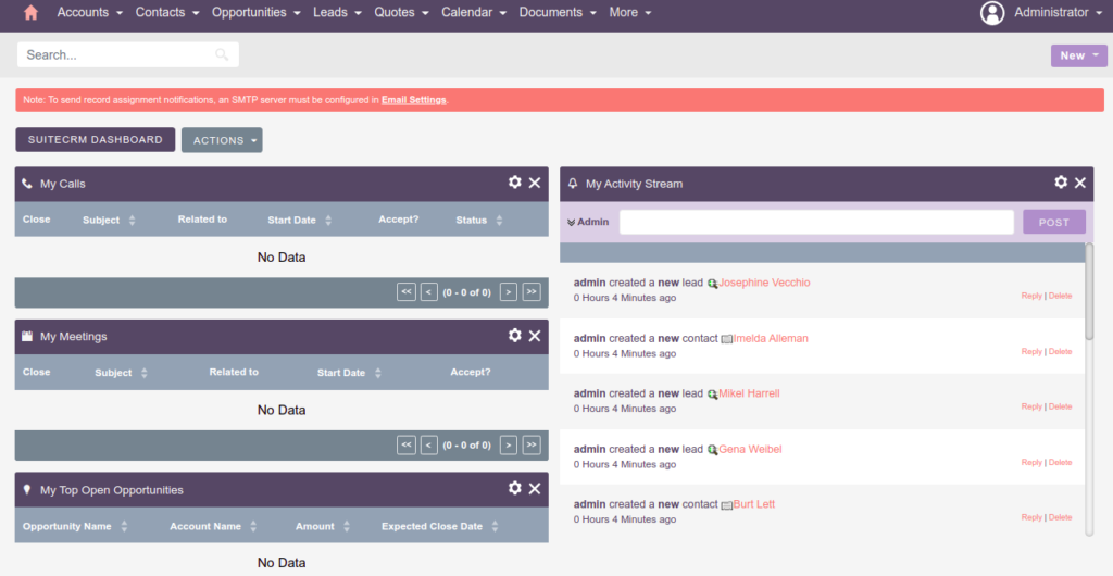 SuiteCRM dashboard