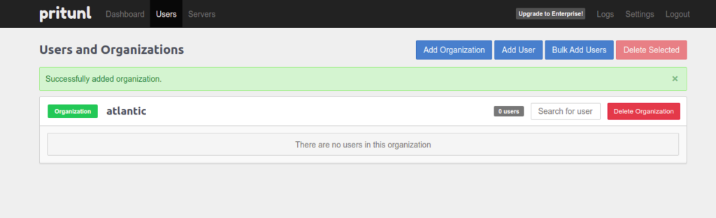Pritunl organization added page