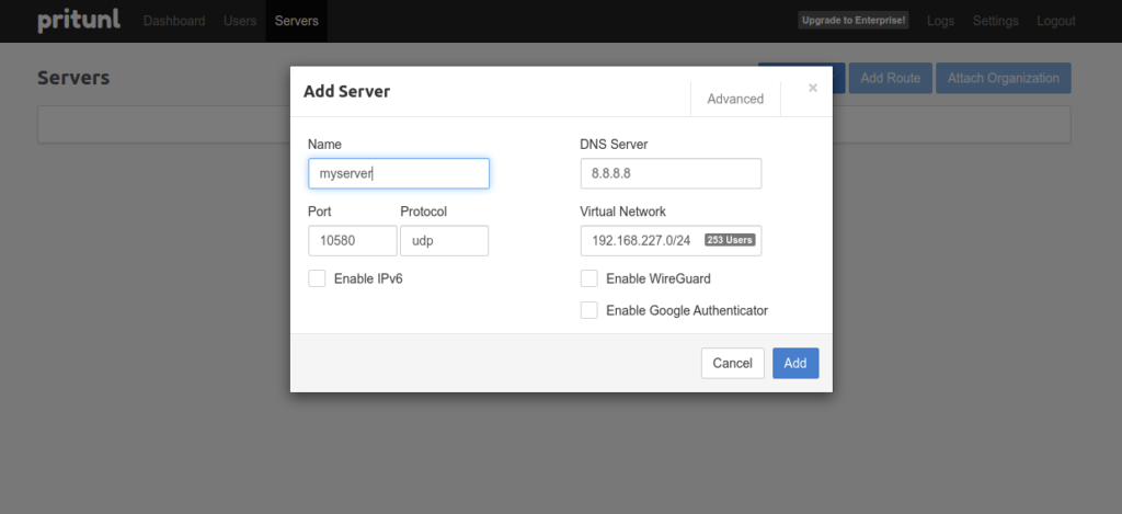 Pritunl add server page