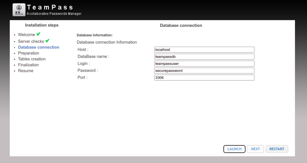 TeamPass database information page