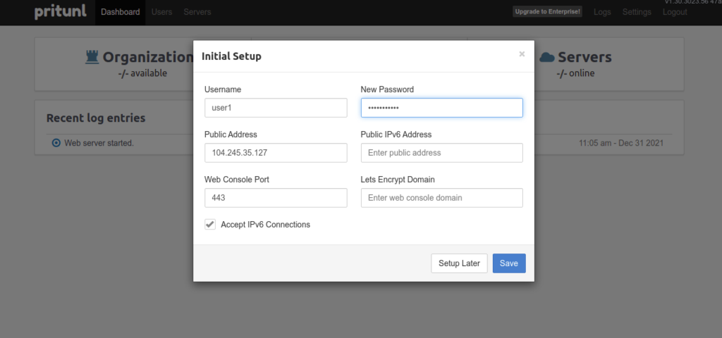 Pritunl initial setup page