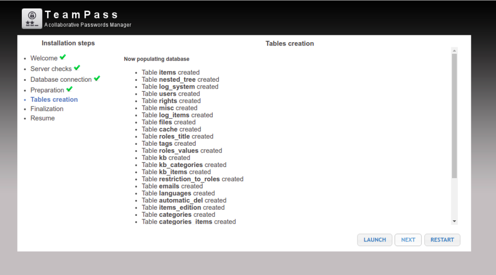 TeamPass table creation page