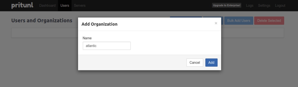 Pritunl add organization page