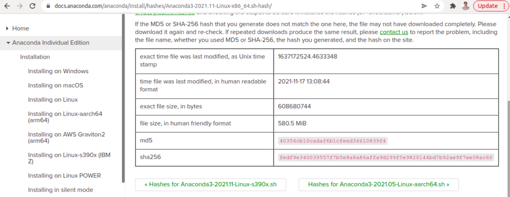 Anaconda hashes Page