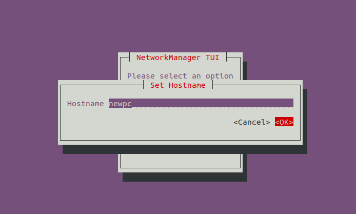 nmtui set new hostname page