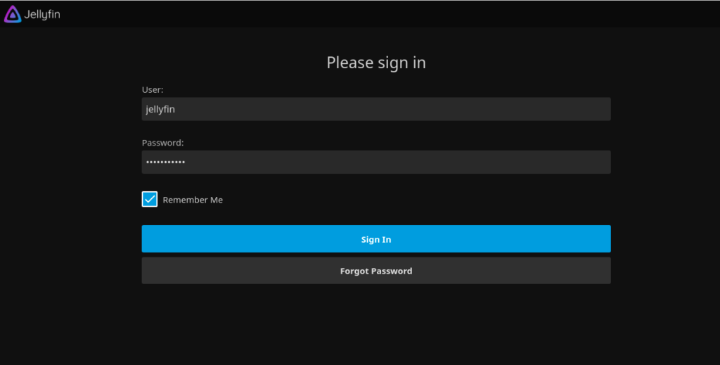 Jellyfin login screen