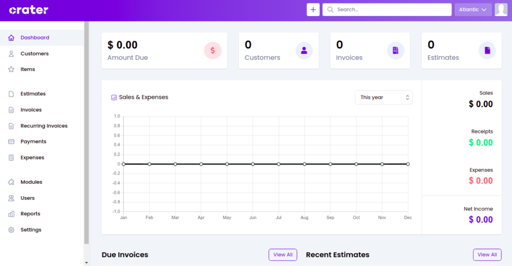 Crater dashboard page