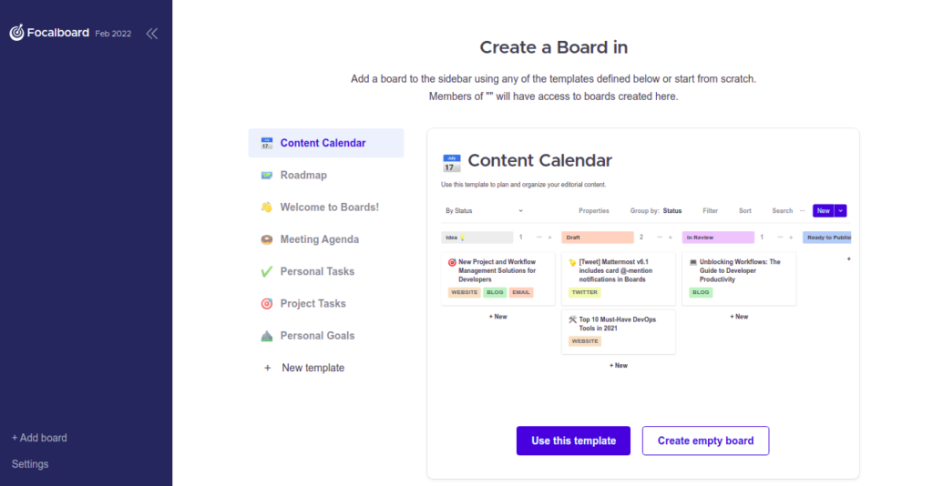 Focalboard select template page