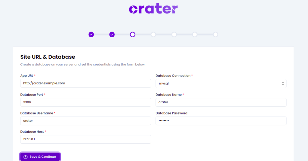 Crater database configuration page