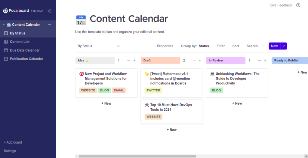 Focalboard dashboard page