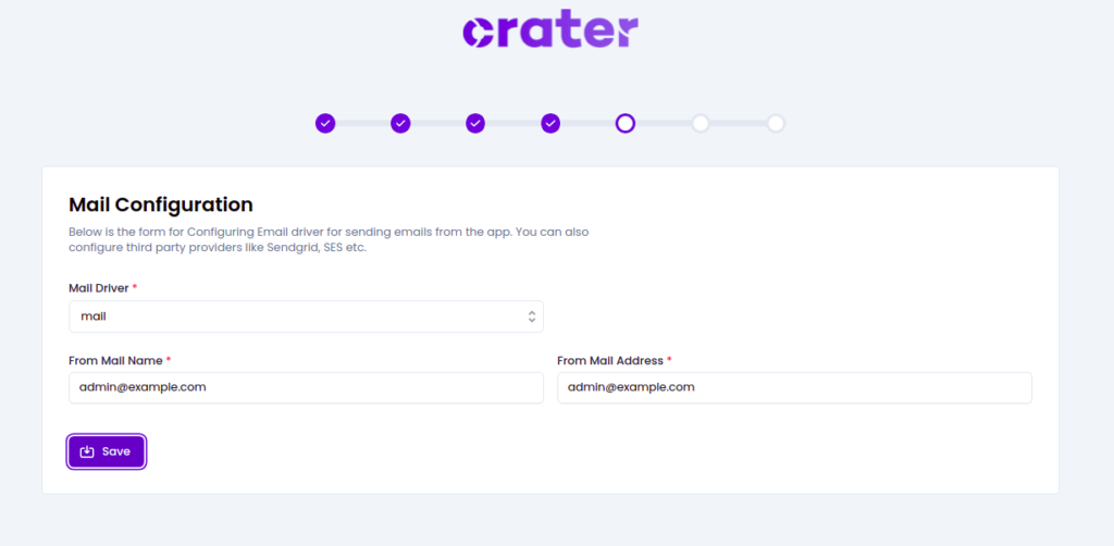 Crater mail configuration page