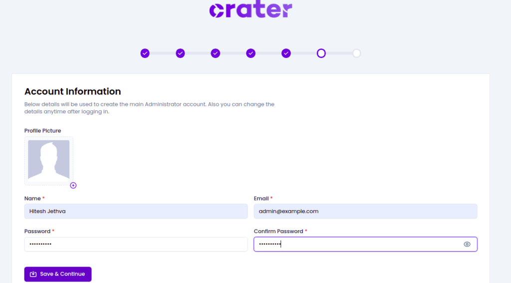Crater account configuration page
