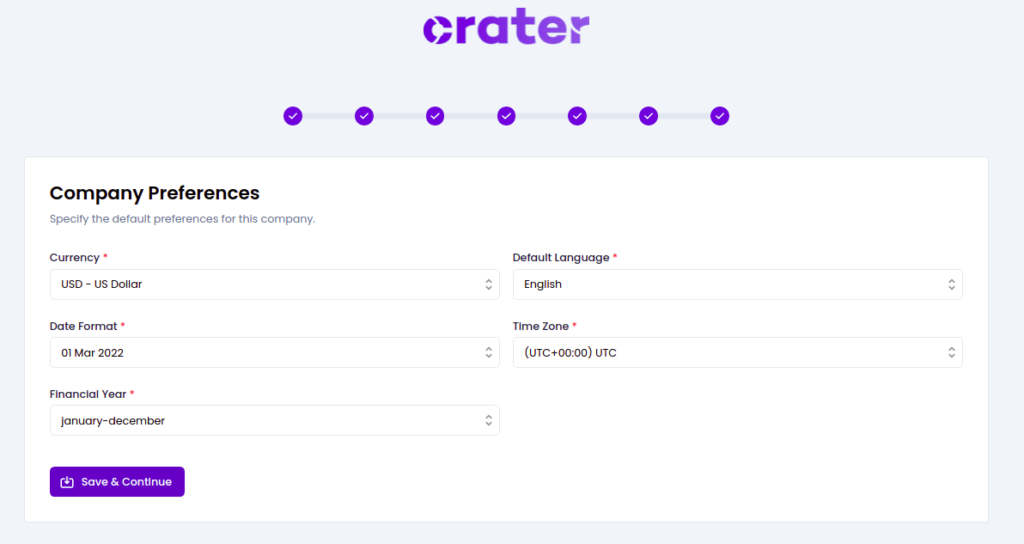Crater company preferences page