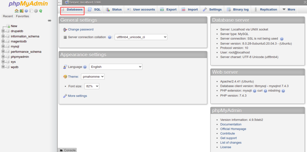 phpMyAdmin dashboard page