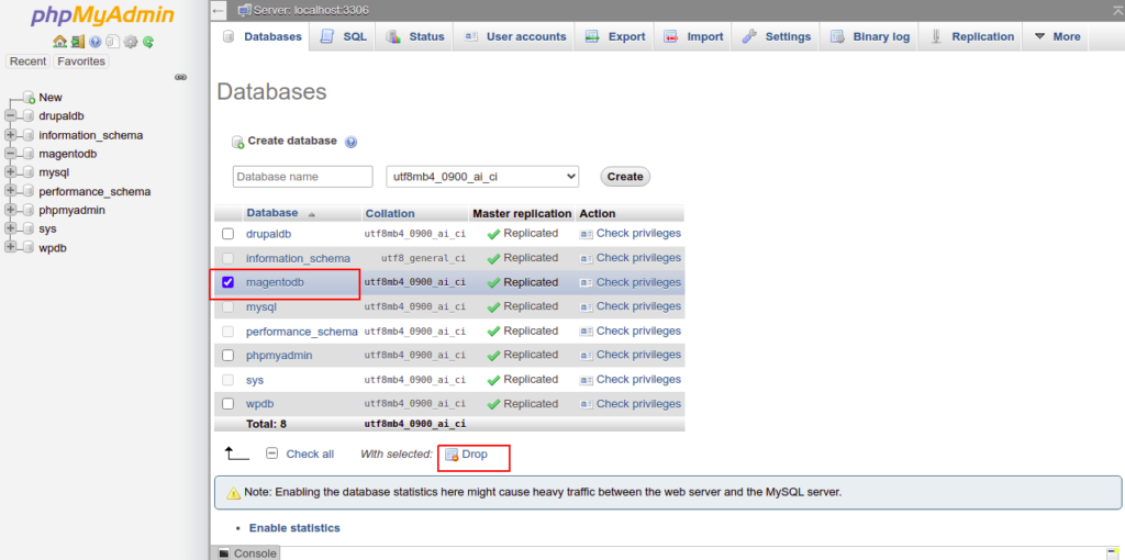 phpMyAdmin drop database page