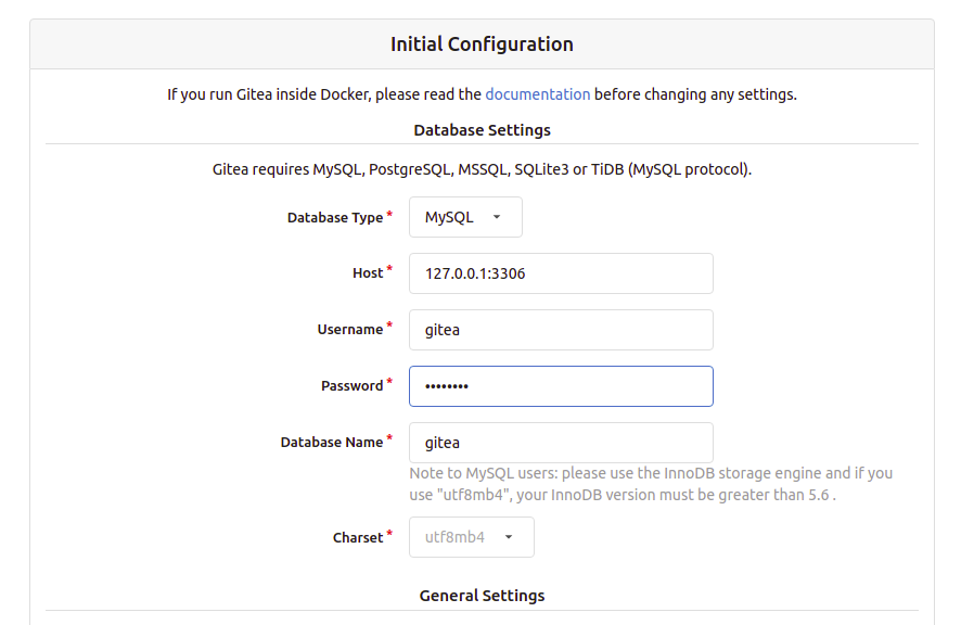 Gitea database settings