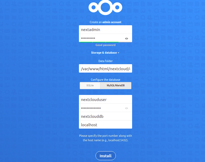 NextCloud setup page