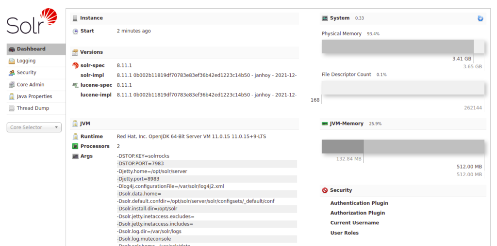 Apache Solr dashboard page