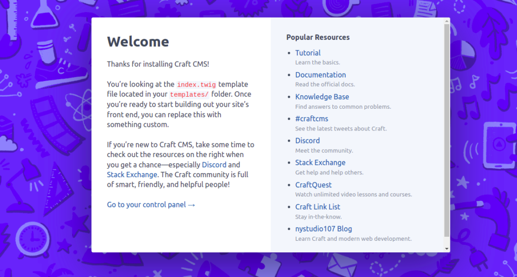 Craft CMS Welcome Screen