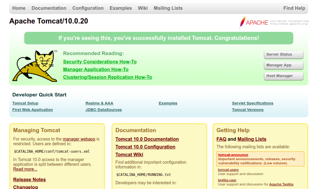 Tomcat Dashboard Page